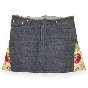 Helmut Lang RARE 1990s Vintage Gray Raw Hem Tapestry Trim Denim Jean Mini Skirt